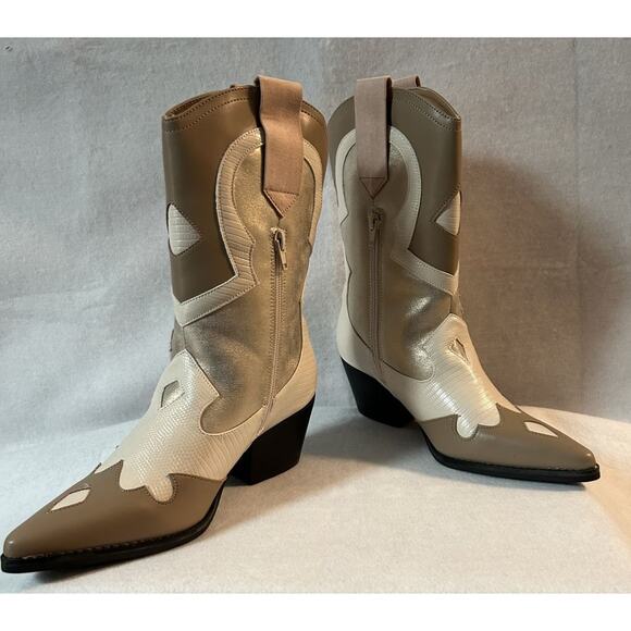 NIB Shu Shop ZIZI Western Motif Cowgirl Gold Chunky Heel Boots -8 - Picture 4 of 11